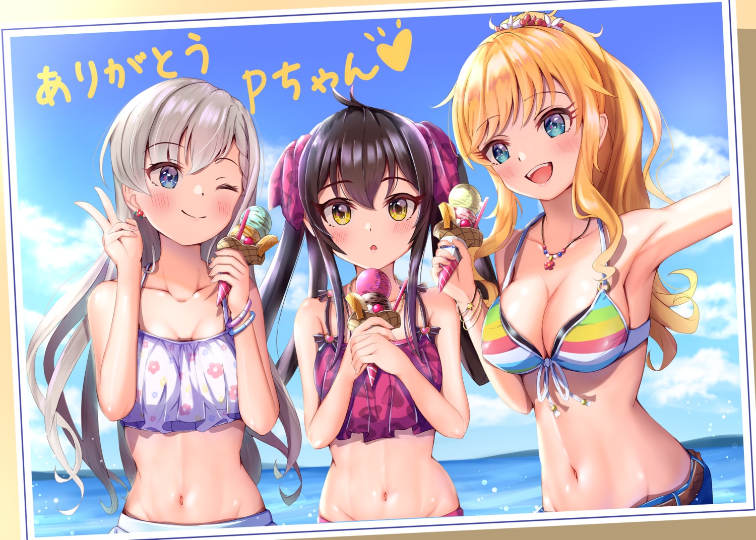 bikini cleavage hisakawa_hayate matoba_risa ootsuki_yui swimsuits the_idolm@ster the_idolm@ster_cinderella_girls the_idolm@ster_cinderella_girls_u149 tudon_(donut)