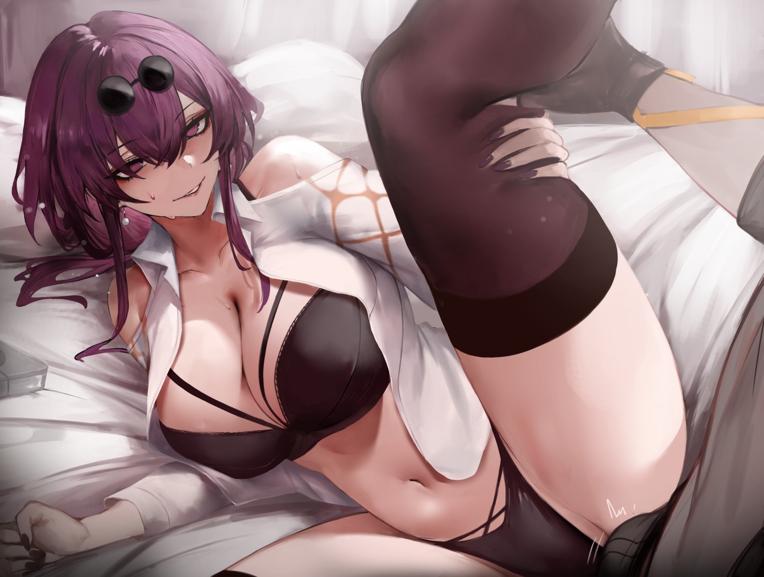 bra dokuro_deluxe honkai:_star_rail kafka_(honkai:_star_rail) megane open_shirt pantsu thighhighs thong