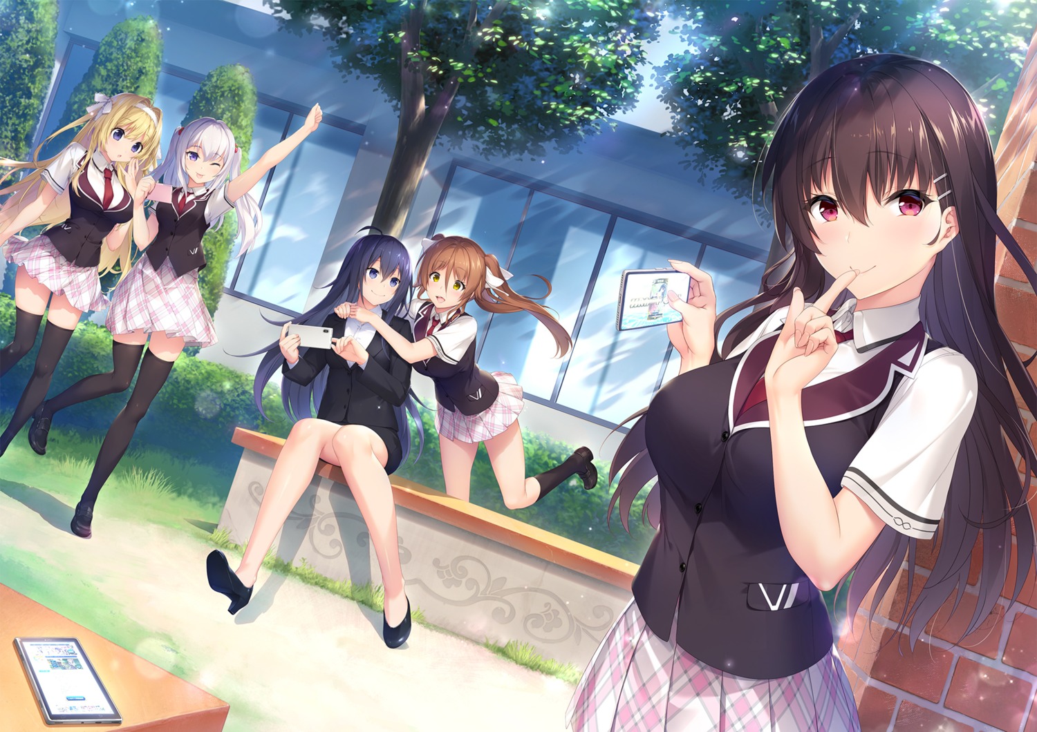 asamori_mitsuki boku_no_mirai_wa_koi_to_kakin_to._~charge_to_the_future~ business_suit heels kitami_rio kurebayashi_noe mahara_shiori marui niro nylon saionji_nana seifuku skirt_lift sonora thighhighs wataya_azusa