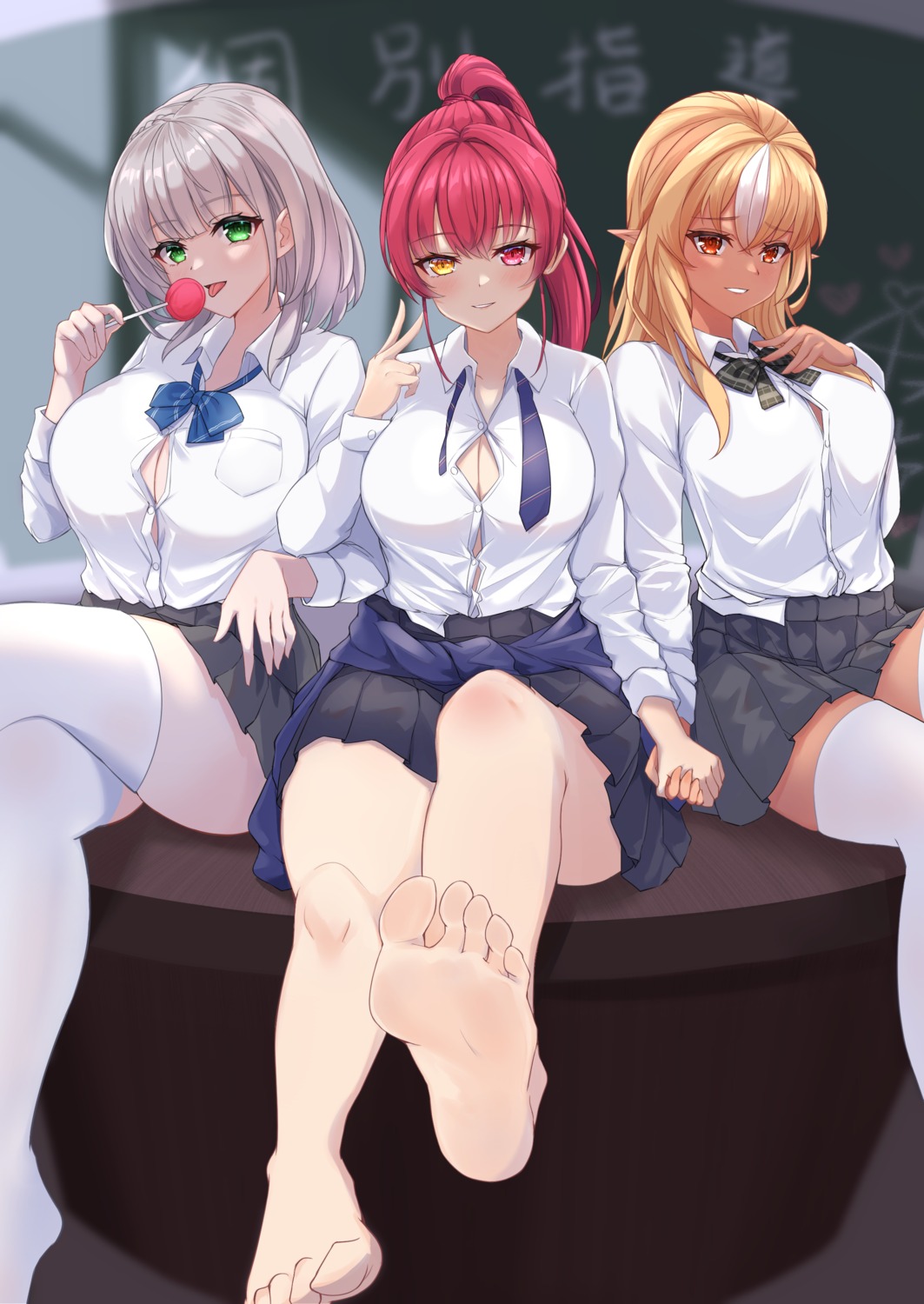 cleavage feet heckler_kai heterochromia hololive houshou_marine no_bra open_shirt pointy_ears seifuku shiranui_flare shirogane_noel thighhighs