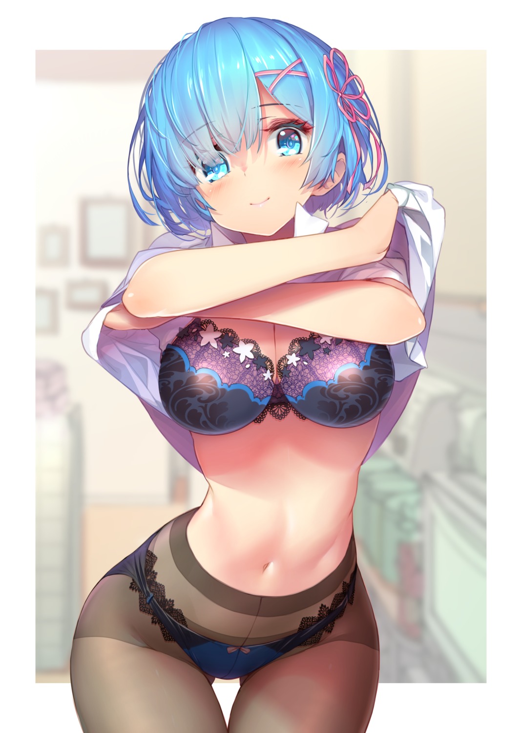 bra cleavage hong_(white_spider) pantsu pantyhose re_zero_kara_hajimeru_isekai_seikatsu rem_(re_zero) shirt_lift undressing