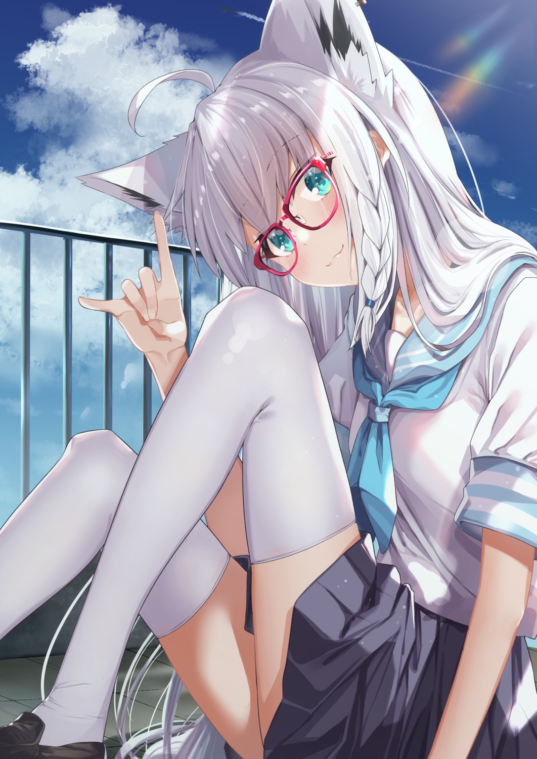 animal_ears borumete hololive hololive_gamers kitsune megane seifuku shirakami_fubuki skirt_lift thighhighs