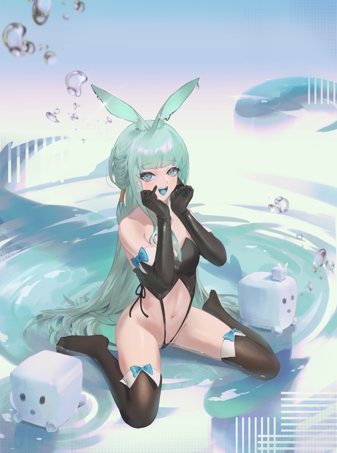 animal_ears bunny_ears bunny_girl cirilla no_bra thighhighs wet