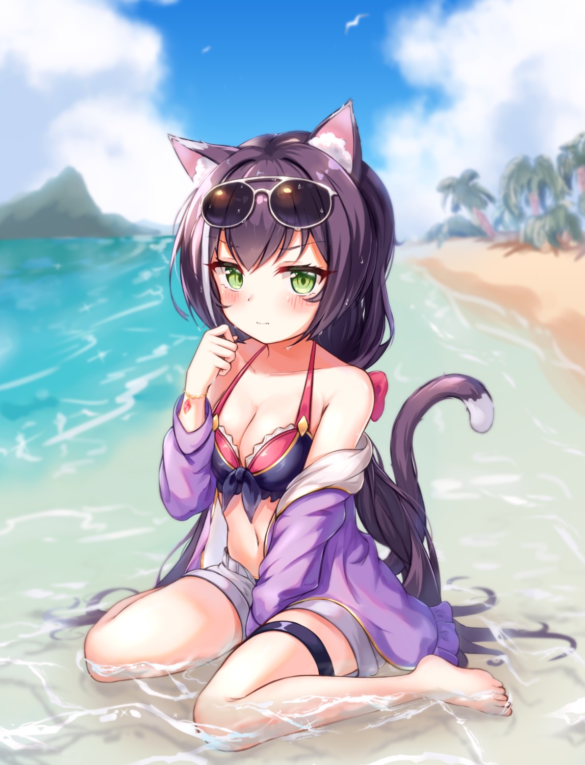 animal_ears bikini_top cleavage garter karyl_(princess_connect) megane open_shirt princess_connect princess_connect!_re:dive sunum519 swimsuits tail wet