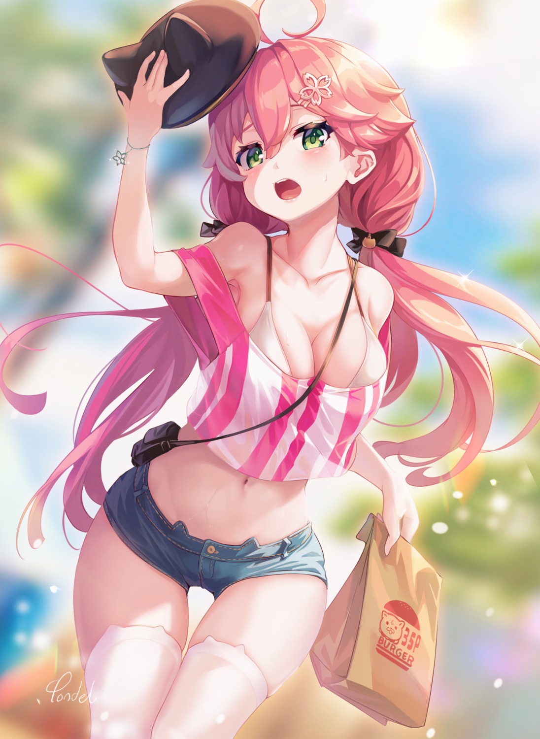 bra hololive open_shirt pondel sakura_miko see_through thighhighs