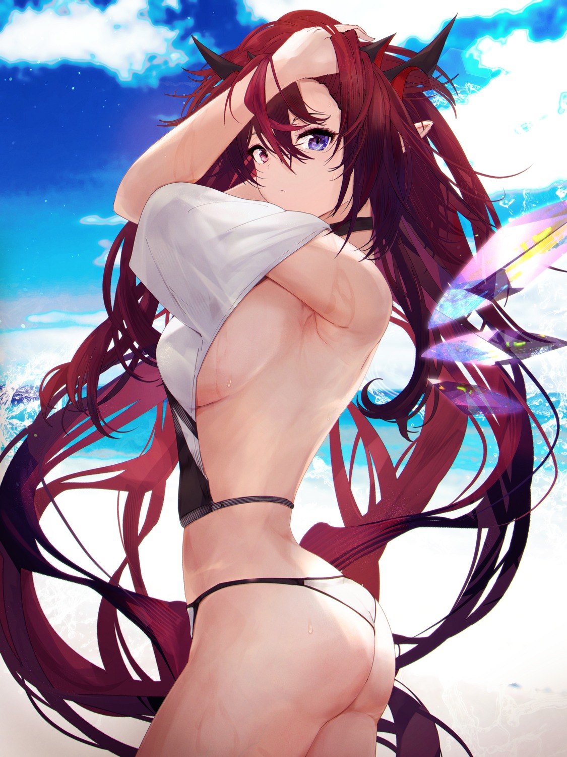 ass bikini getto heterochromia hololive hololive_english horns irys_(hololive) no_bra pointy_ears see_through swimsuits thong wet wet_clothes