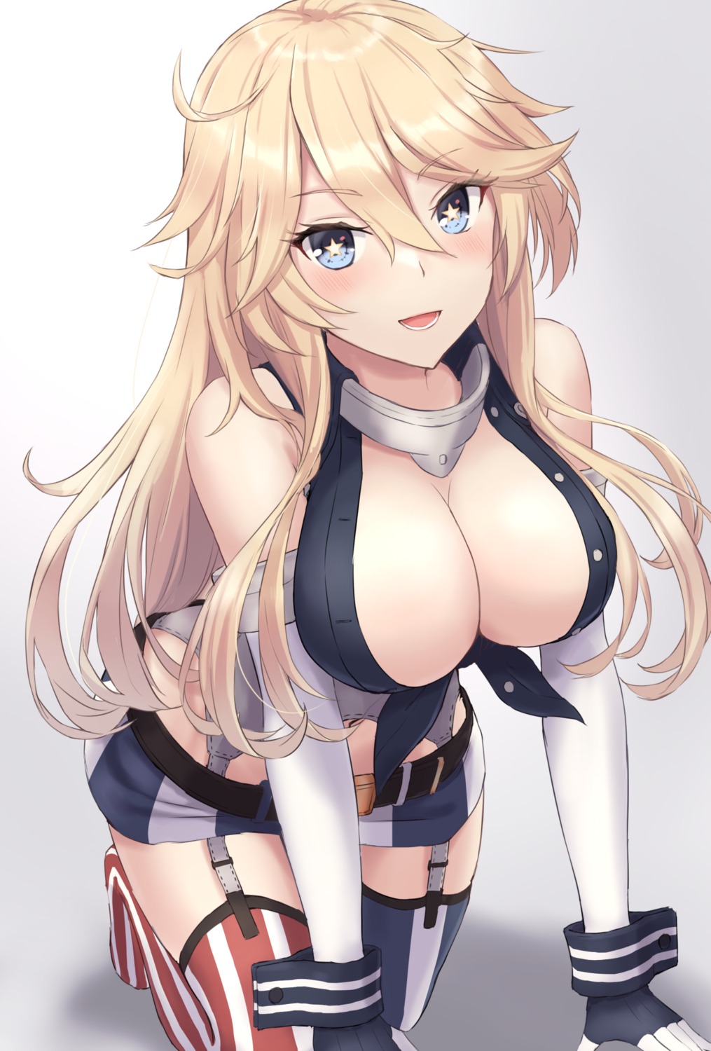 iowa_(kancolle) kantai_collection monoku no_bra open_shirt stockings thighhighs