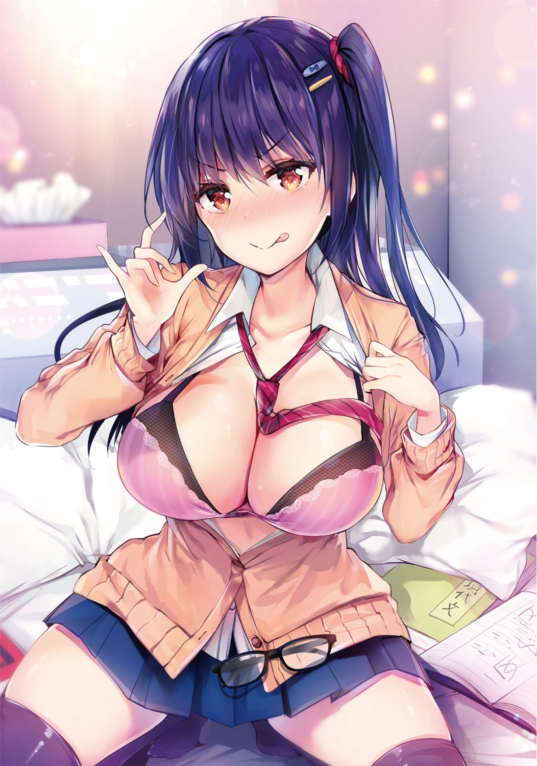 bra cleavage hisama_kumako megane open_shirt seifuku sogou_ayaka sweater thighhighs yuutousei_ayaka_no_uraomote