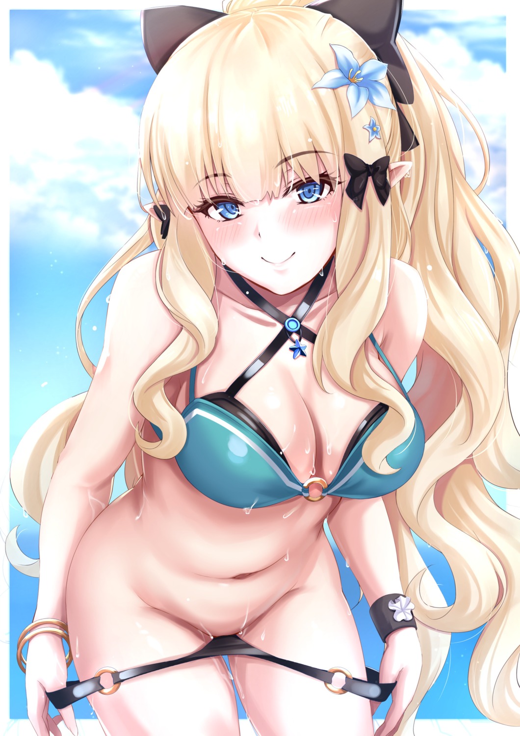 bikini kuutamo panty_pull pointy_ears princess_connect princess_connect!_re:dive sasaki_saren swimsuits undressing wet