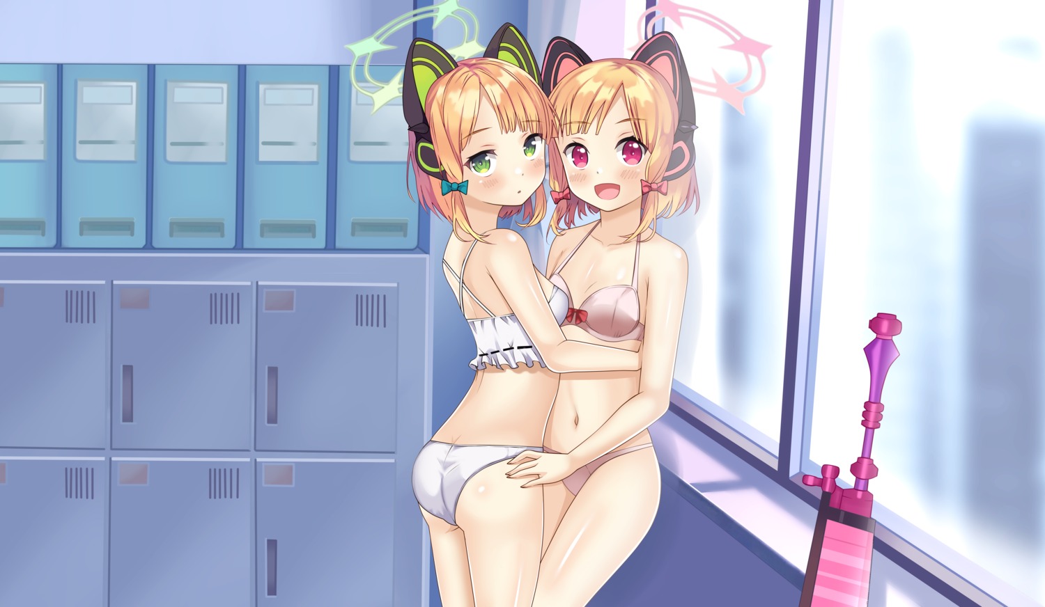 achmad_faisal animal_ears ass blue_archive bra headphones nekomimi pantsu saiba_midori saiba_momoi