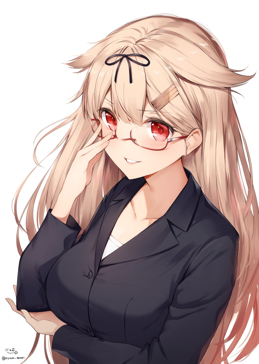 breast_hold business_suit kantai_collection megane nyum yuudachi_(kancolle)