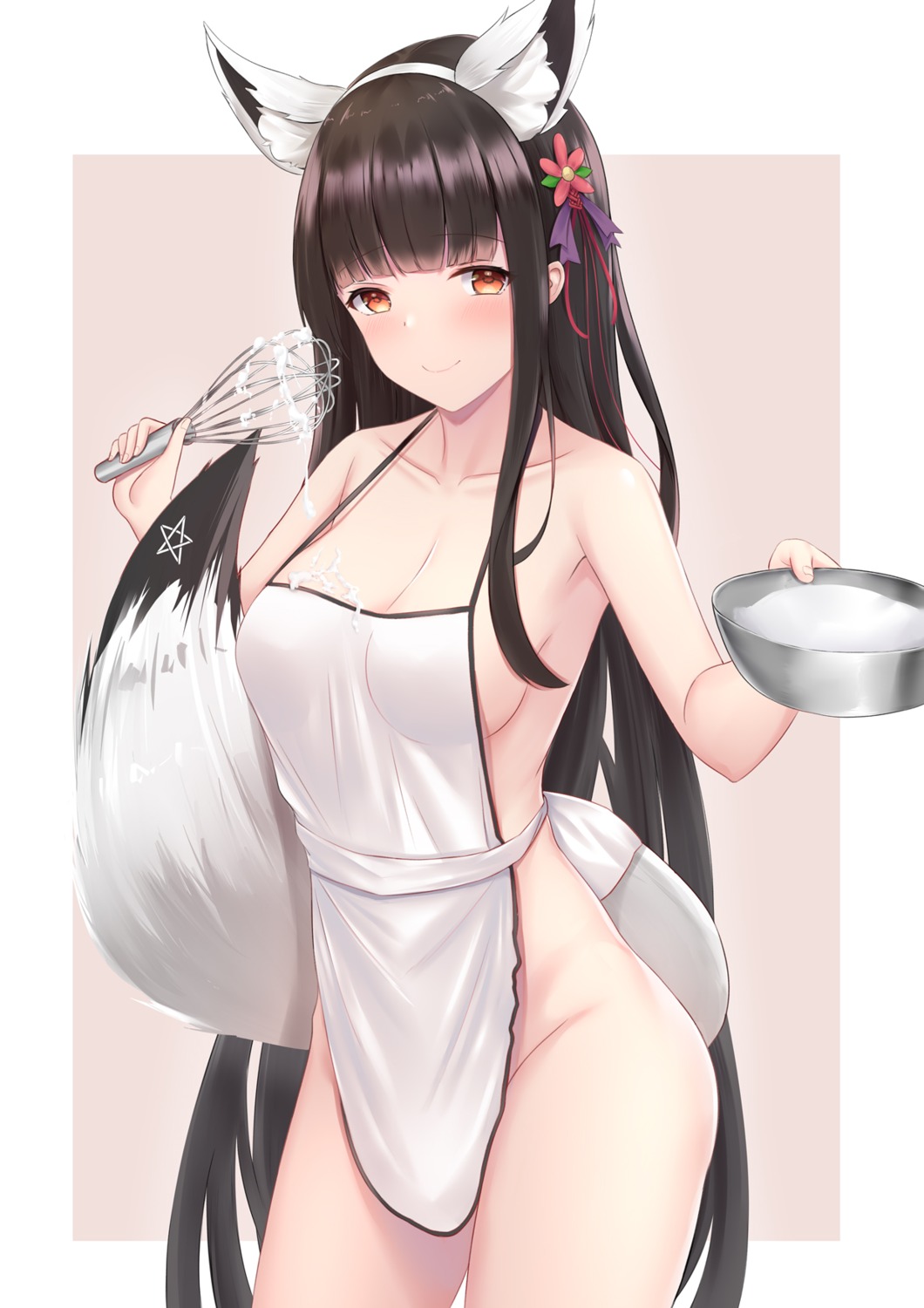 airool akagi_(zhanjianshaonv) animal_ears cream naked_apron tail zhanjianshaonv