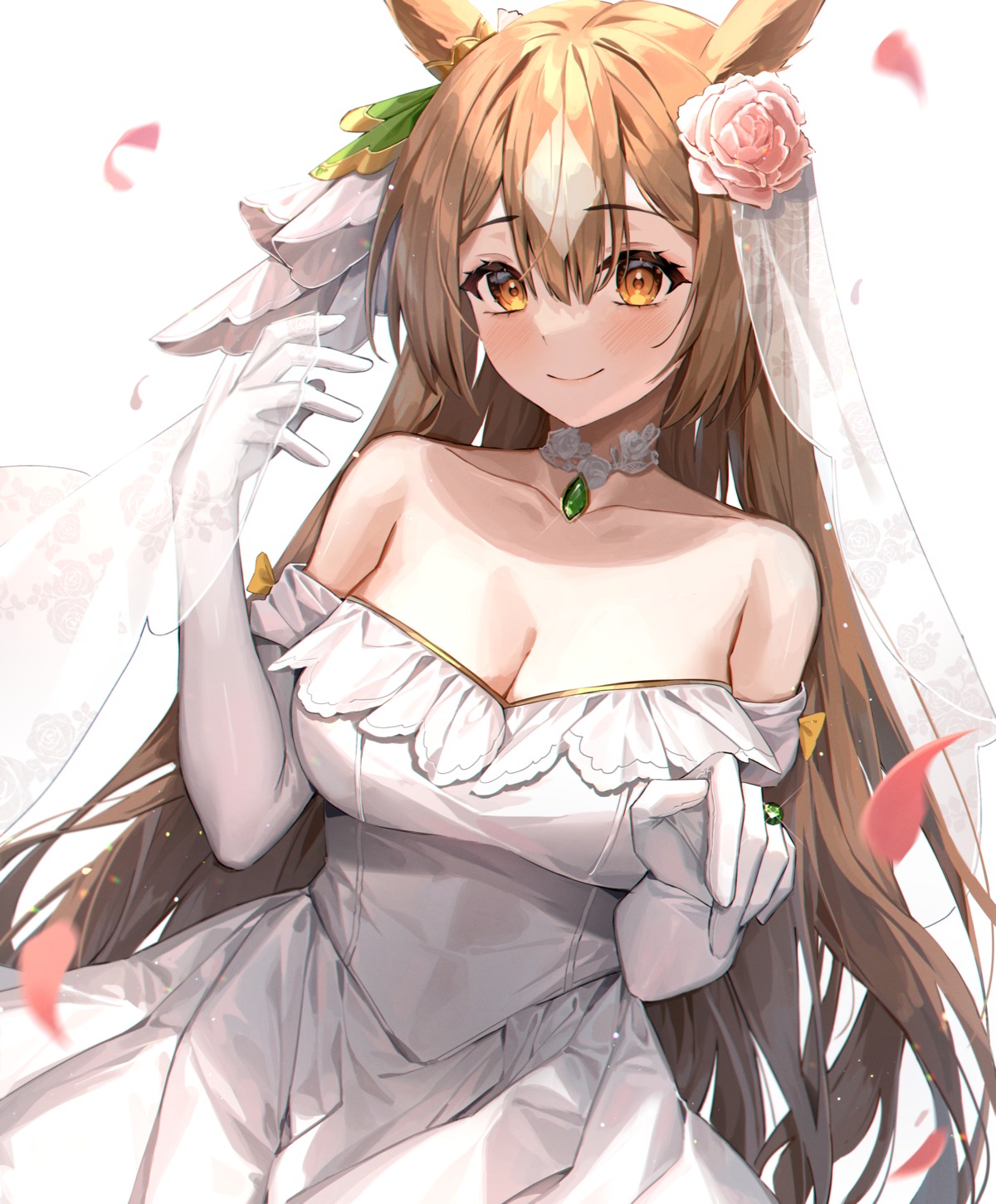 animal_ears cleavage dress minttchocok no_bra satono_diamond_(umamusume) uma_musume_pretty_derby wedding_dress