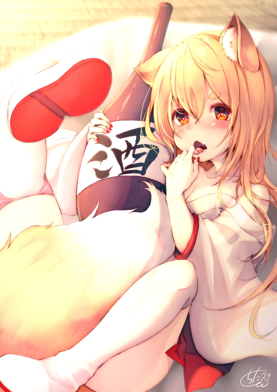 animal_ears chita_(ketchup) cleavage japanese_clothes kitsune open_shirt sake tail thighhighs