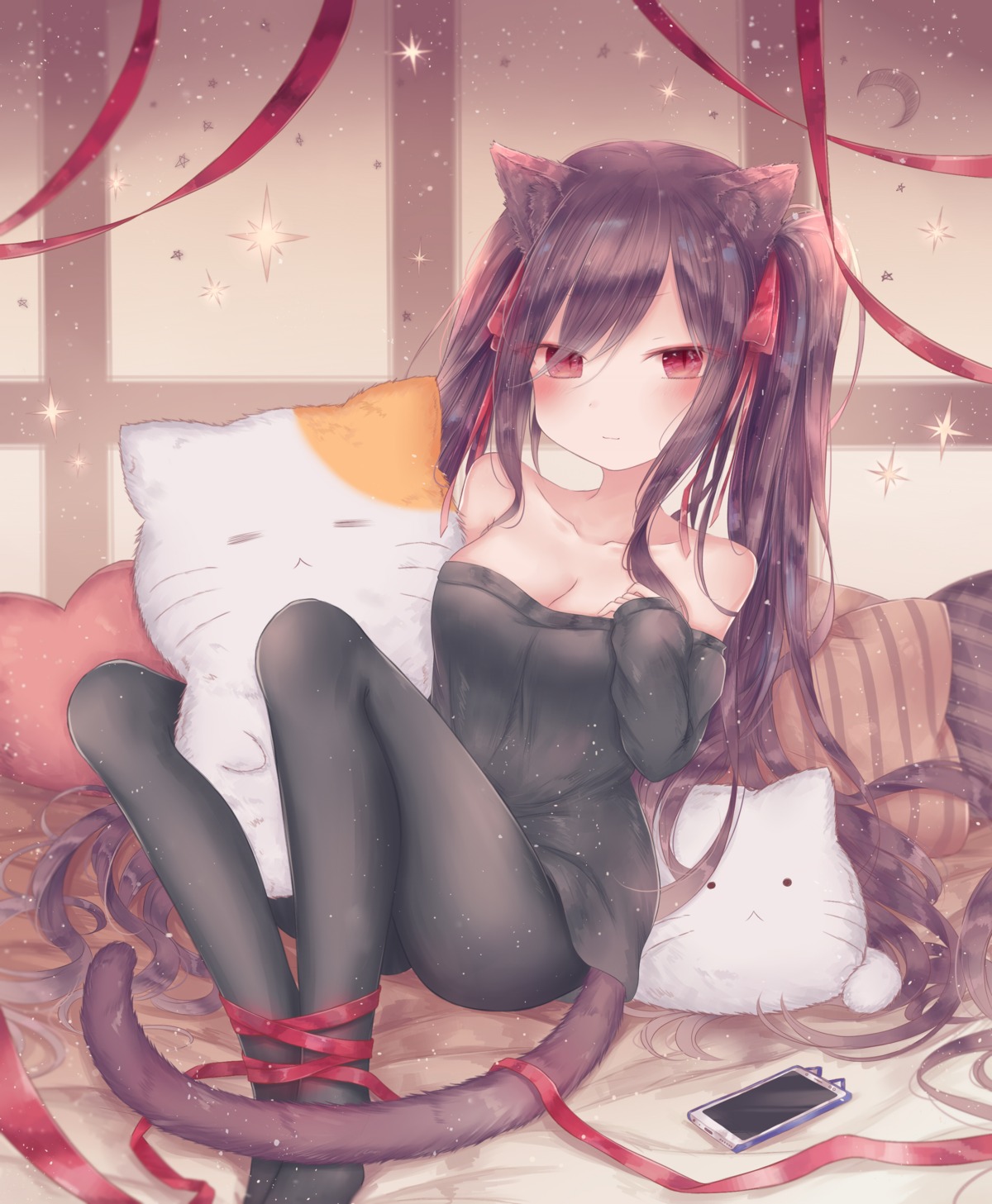 animal_ears breast_hold cleavage dress neko nekomimi no_bra open_shirt pantyhose skirt_lift tail yenshin