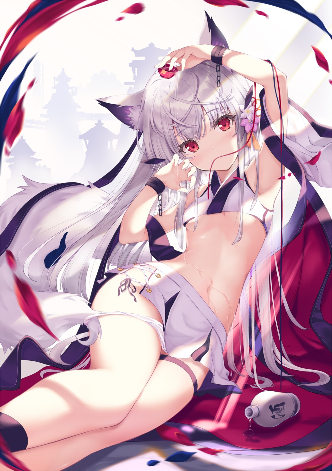 animal_ears garter japanese_clothes no_bra nopan pantsu panty_pull tail tenmu_shinryuusai underboob wet