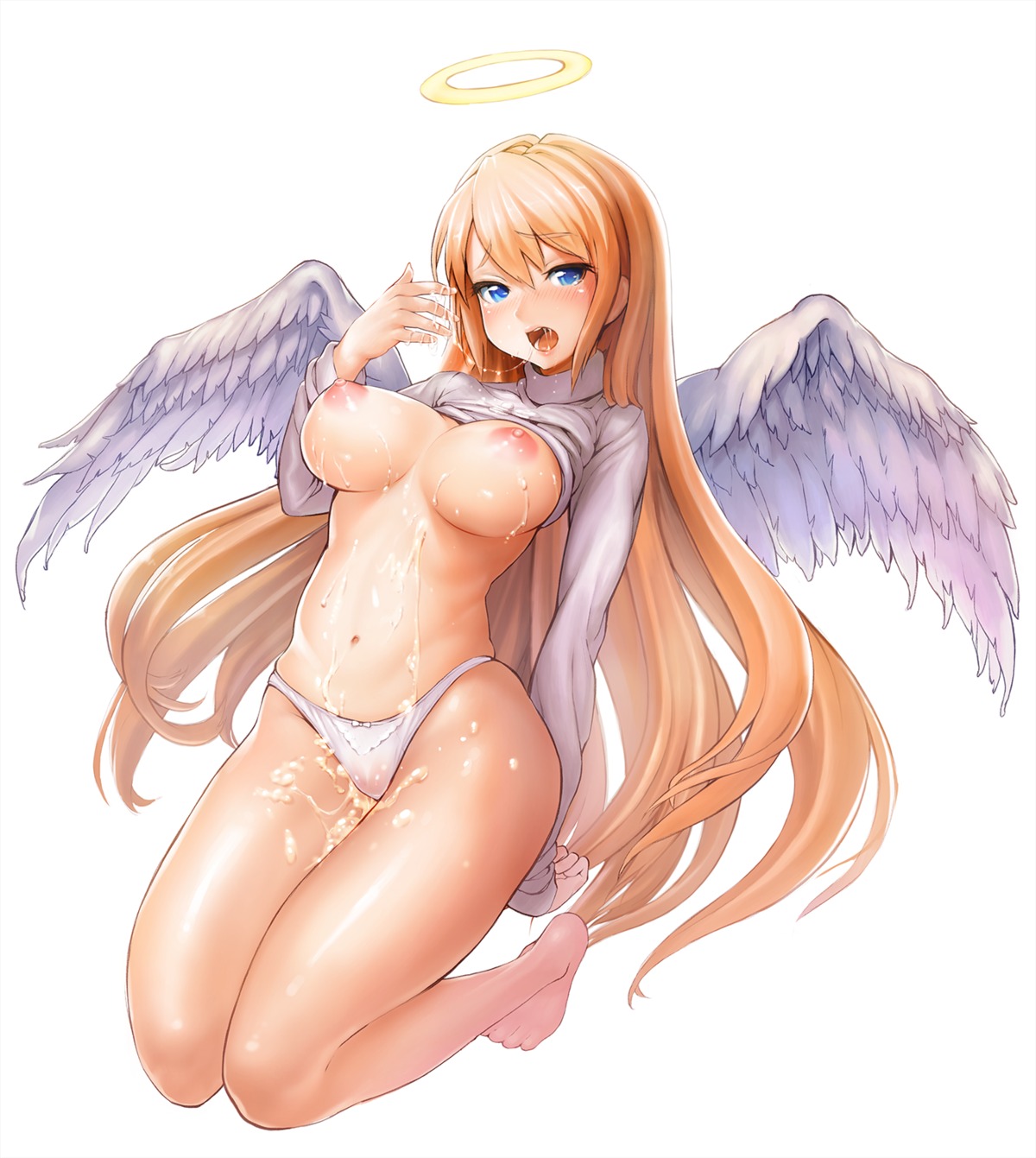 angel breasts cum nipples no_bra pantsu qbase00 shirt_lift wings