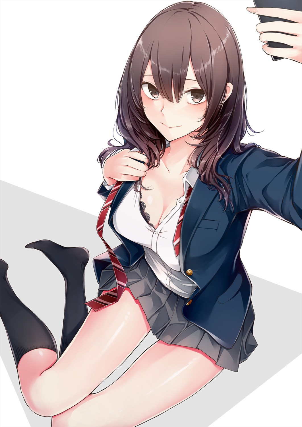 bra cleavage dabadhi open_shirt seifuku skirt_lift