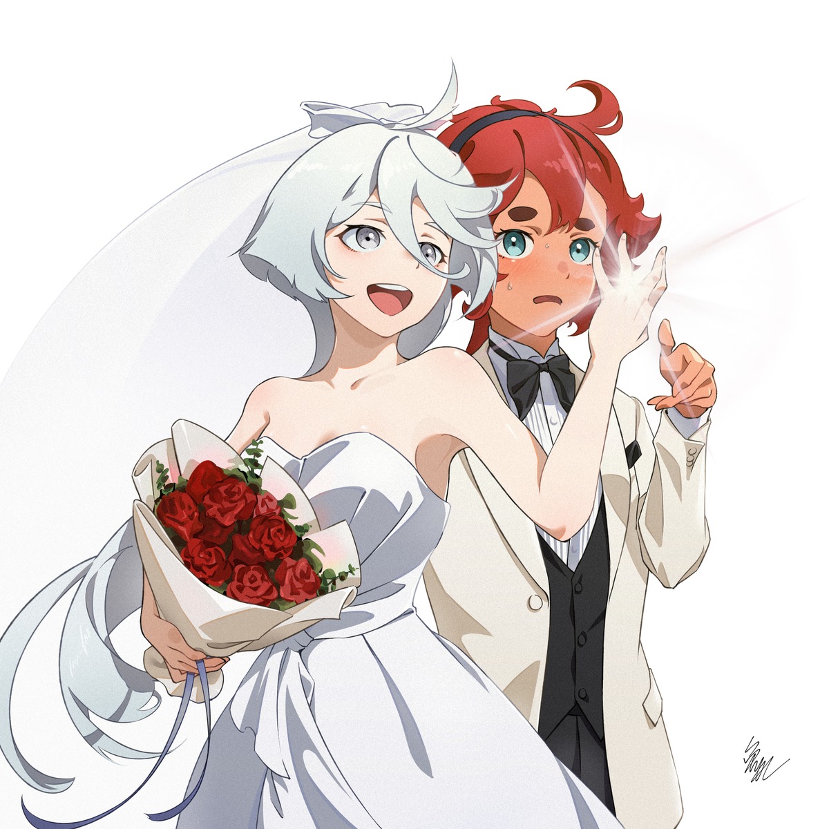 crossdress dress gundam gundam_suisei_no_majo mian_li miorine_rembran no_bra suletta_mercury wedding_dress yuri