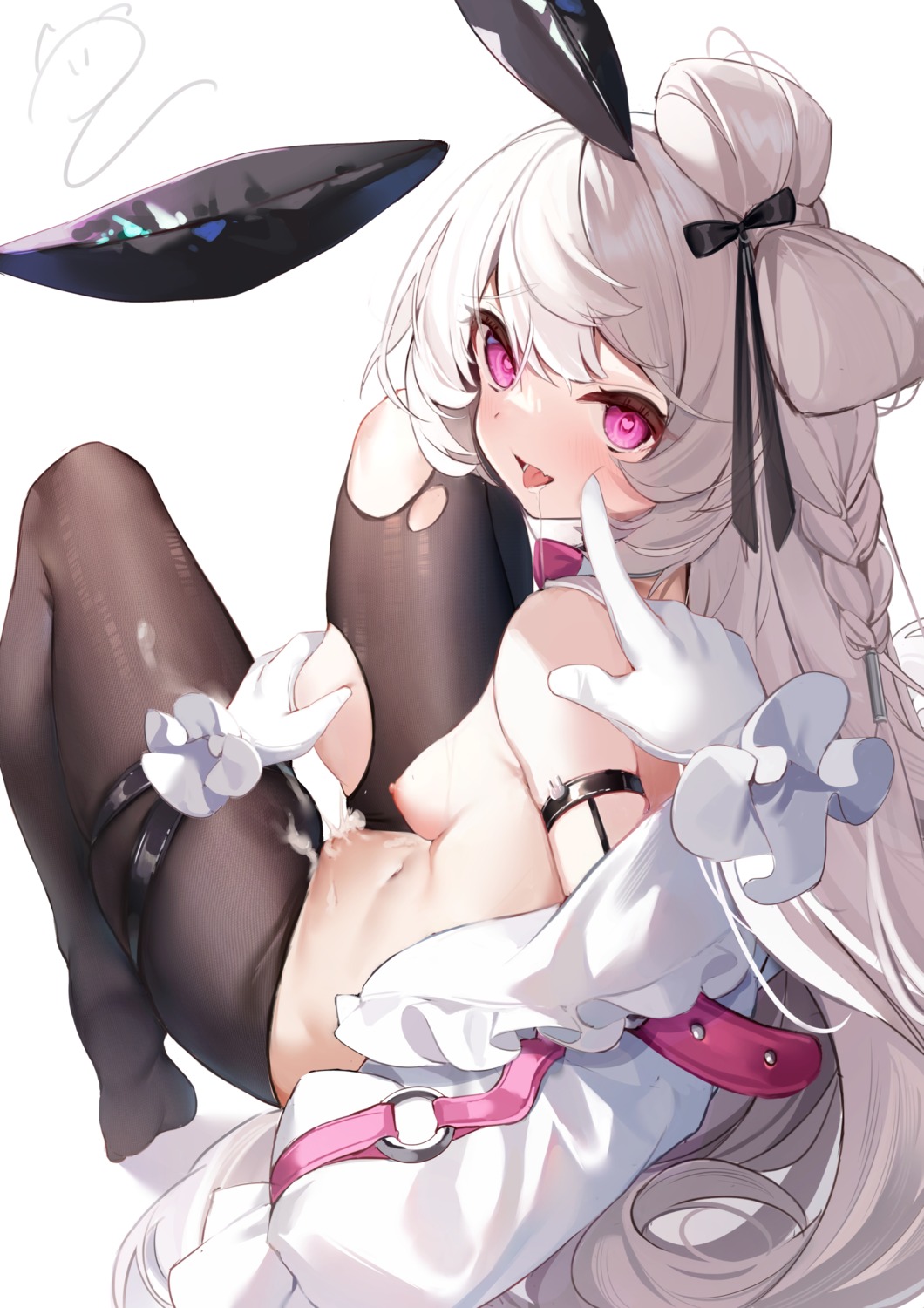 animal_ears breasts bunny_ears bunny_girl cum garter nahaki nipples no_bra nopan open_shirt pantyhose torn_clothes