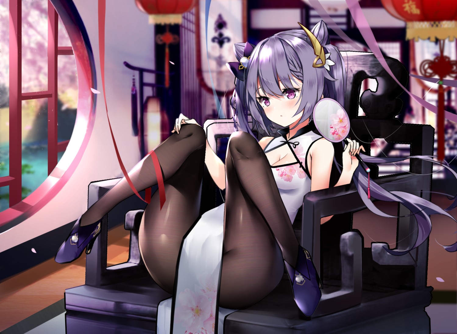 artist_revision chinadress cleavage genshin_impact heels keqing pantyhose zhao_(pixiv12947327)