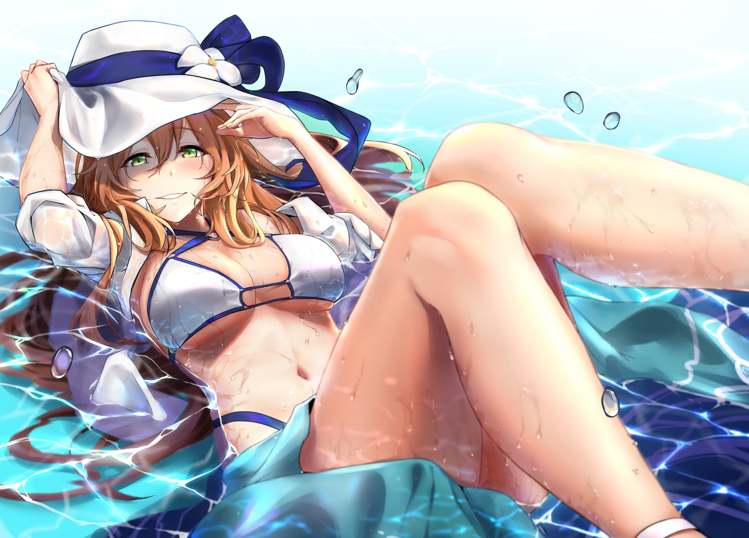 bikini cleavage girls_frontline open_shirt rshow springfield_(girls_frontline) swimsuits underboob wet