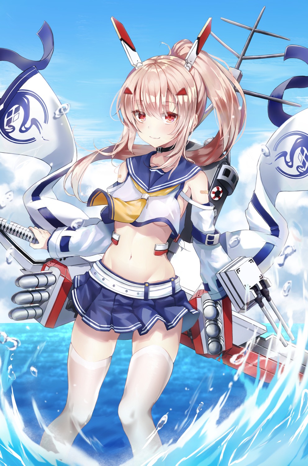 ayanami_(azur_lane) azur_lane kerno no_bra seifuku shirt_lift skirt_lift sword thighhighs underboob wet