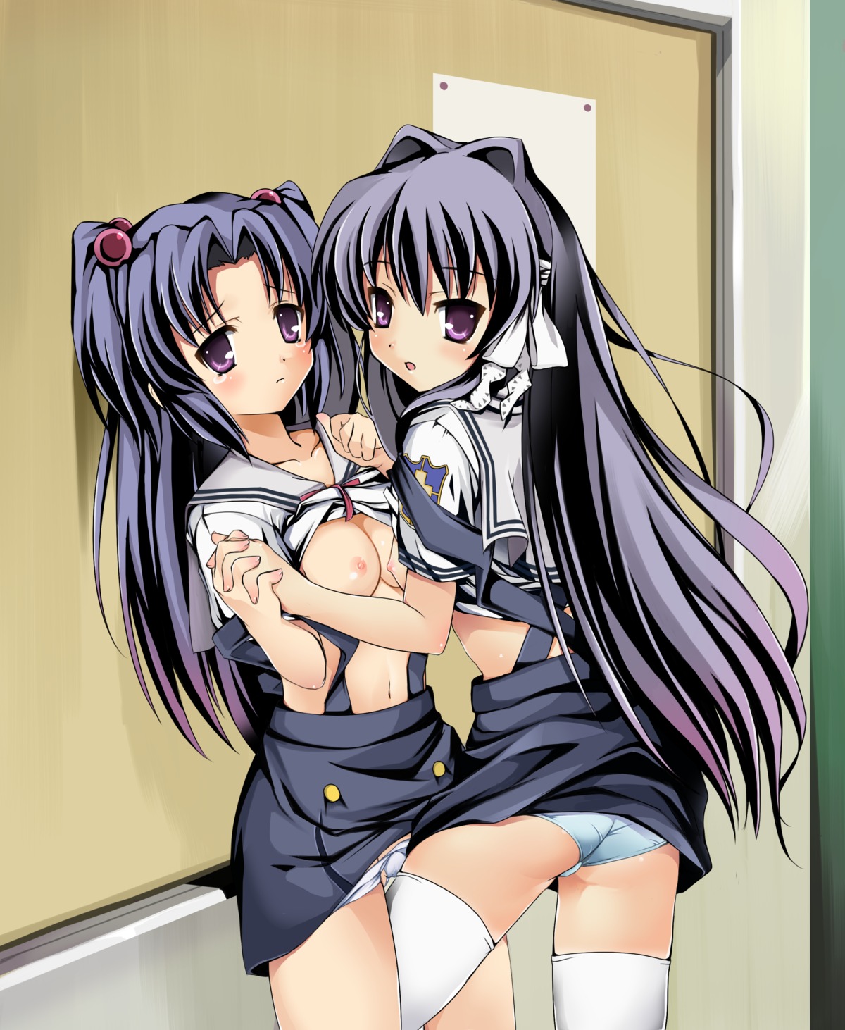 ass astral_trip breasts clannad fujibayashi_kyou ichinose_kotomi nipples pantsu seifuku shirt_lift thighhighs tomusooya yuri