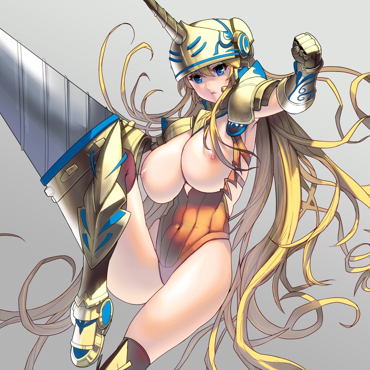 armor breasts leotard masao nipples no_bra thighhighs weapon