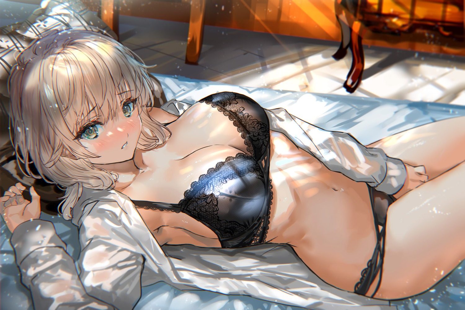 bra dress_shirt open_shirt pantsu ranou see_through