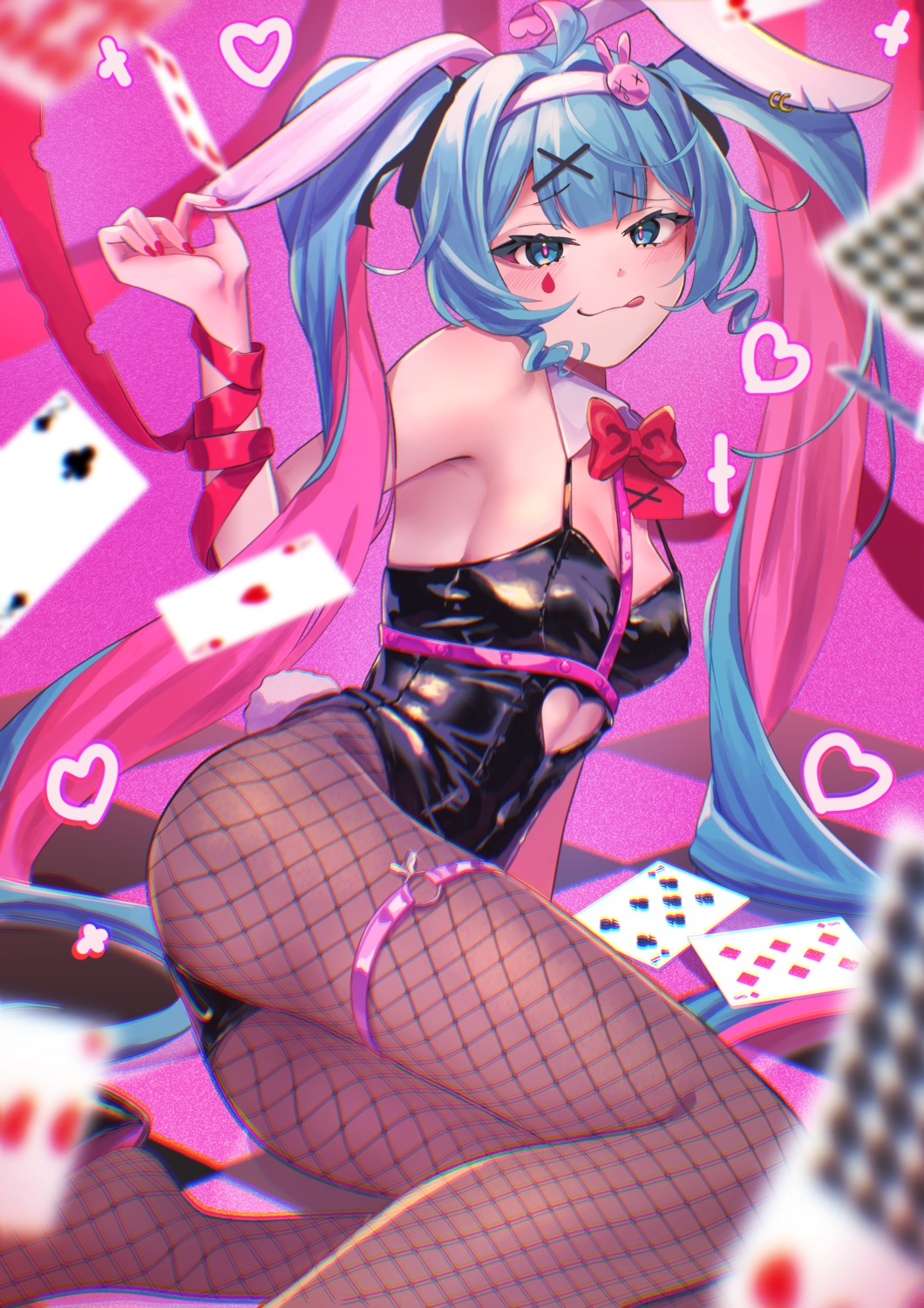 114_usamaro animal_ears bunny_ears bunny_girl fishnets garter hatsune_miku no_bra pantyhose rabbit_hole_(vocaloid) tail tattoo vocaloid