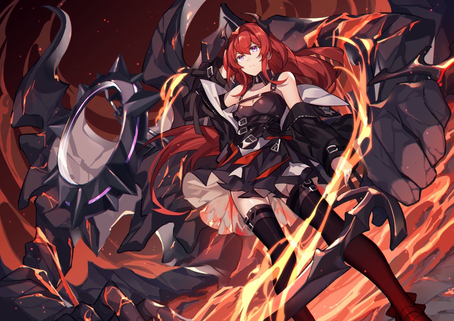 arknights cleavage garter hizuki_miya horns skirt_lift surtr_(arknights) sword thighhighs