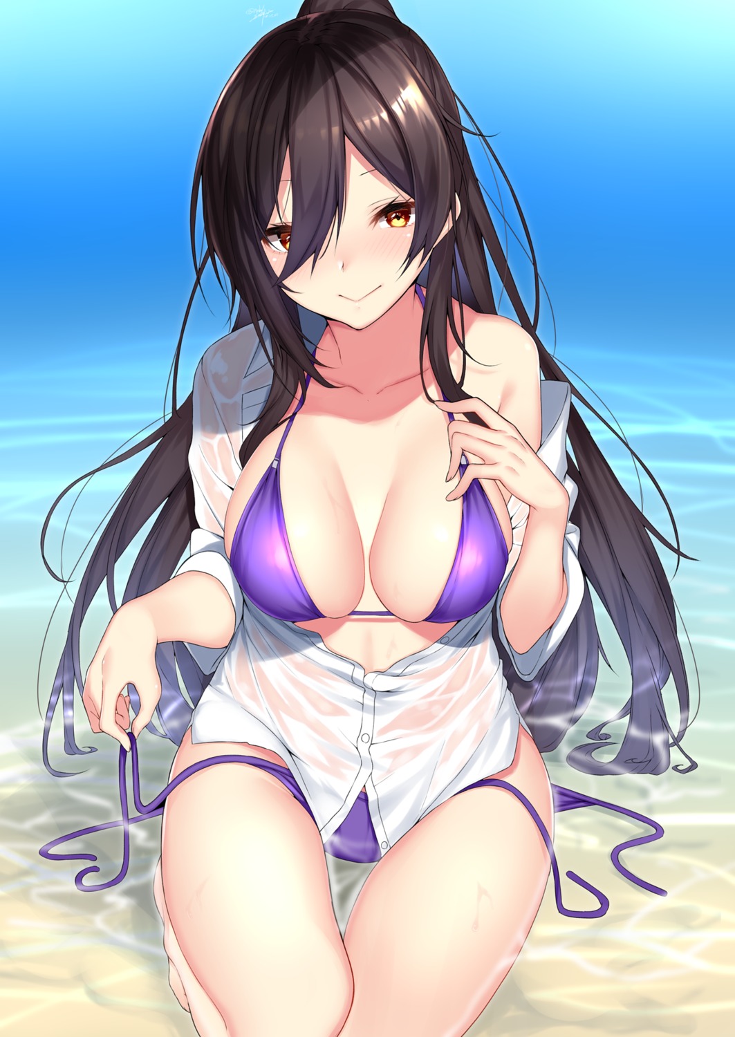 bikini dress_shirt nebusoku open_shirt panty_pull see_through shirase_sakuya swimsuits the_idolm@ster the_idolm@ster_shiny_colors undressing wet wet_clothes