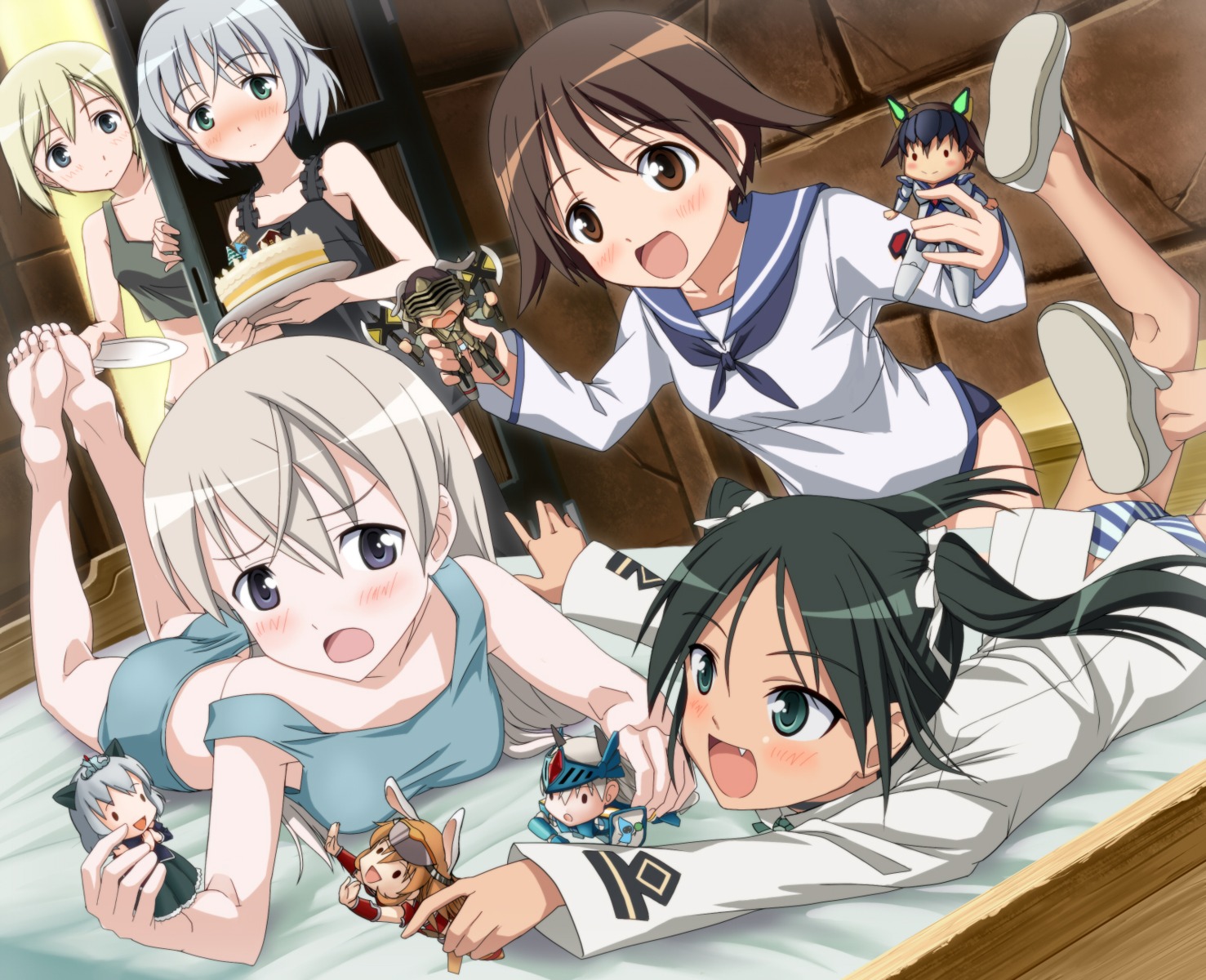 eila_ilmatar_juutilainen erica_hartmann francesca_lucchini hi-ho- miyafuji_yoshika pajama pantsu sanya_v_litvyak shimapan strike_witches