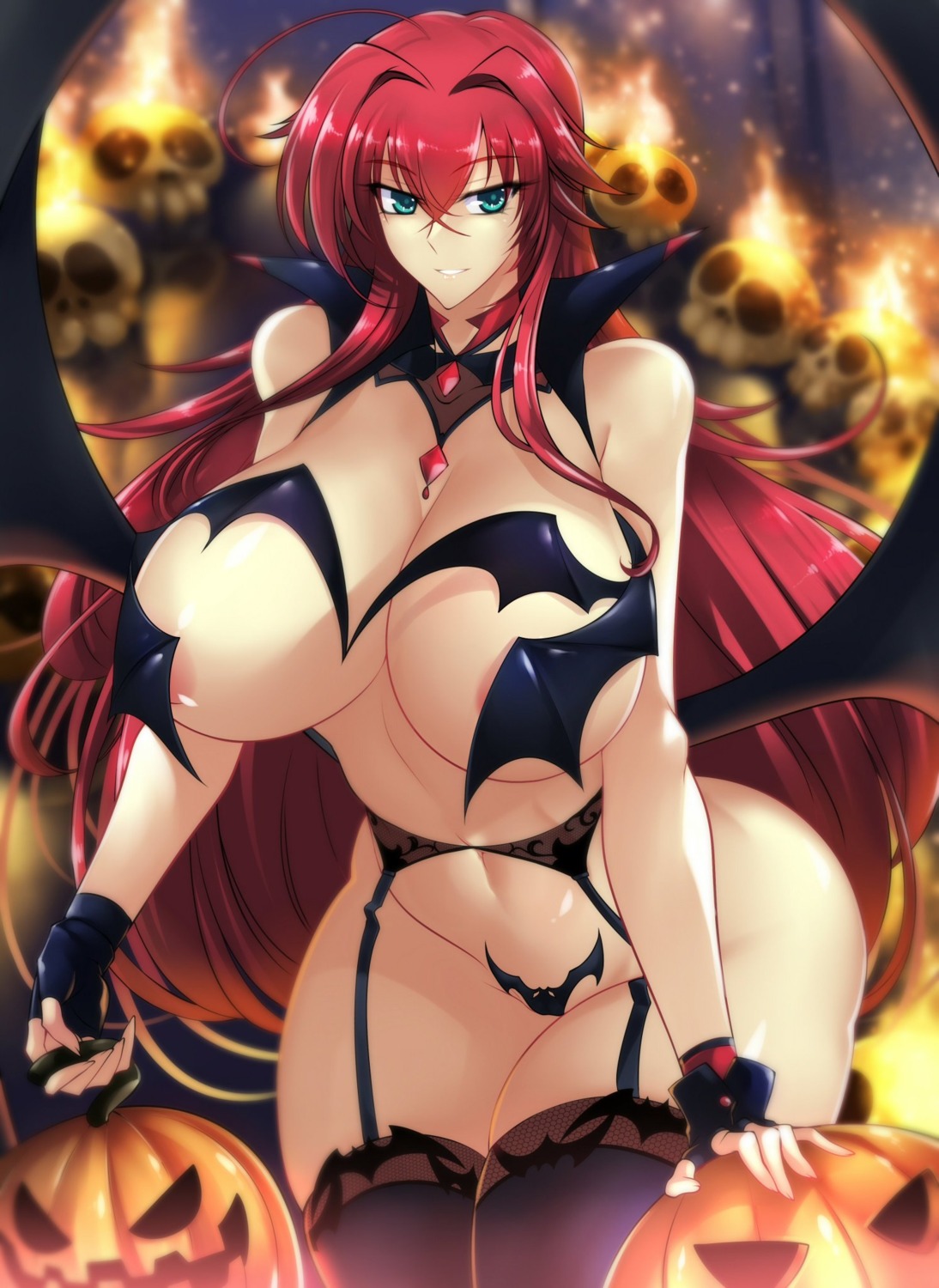 areola bottomless garter_belt haganef halloween highschool_dxd maebari no_bra rias_gremory stockings thighhighs wings