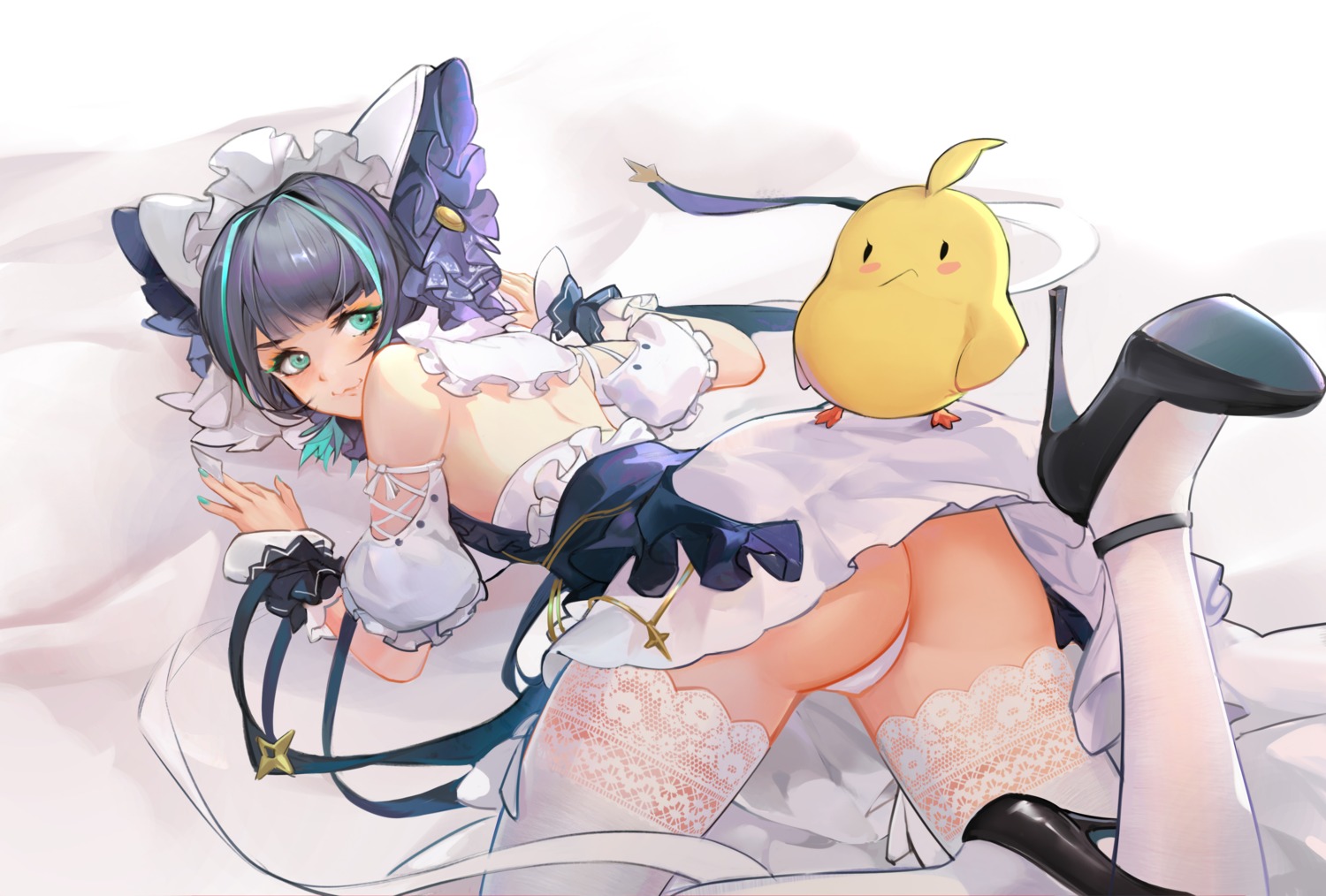 ass azur_lane cheshire_(azur_lane) heels maid manjuu_(azur_lane) no_bra pantsu polskash skirt_lift thighhighs thong