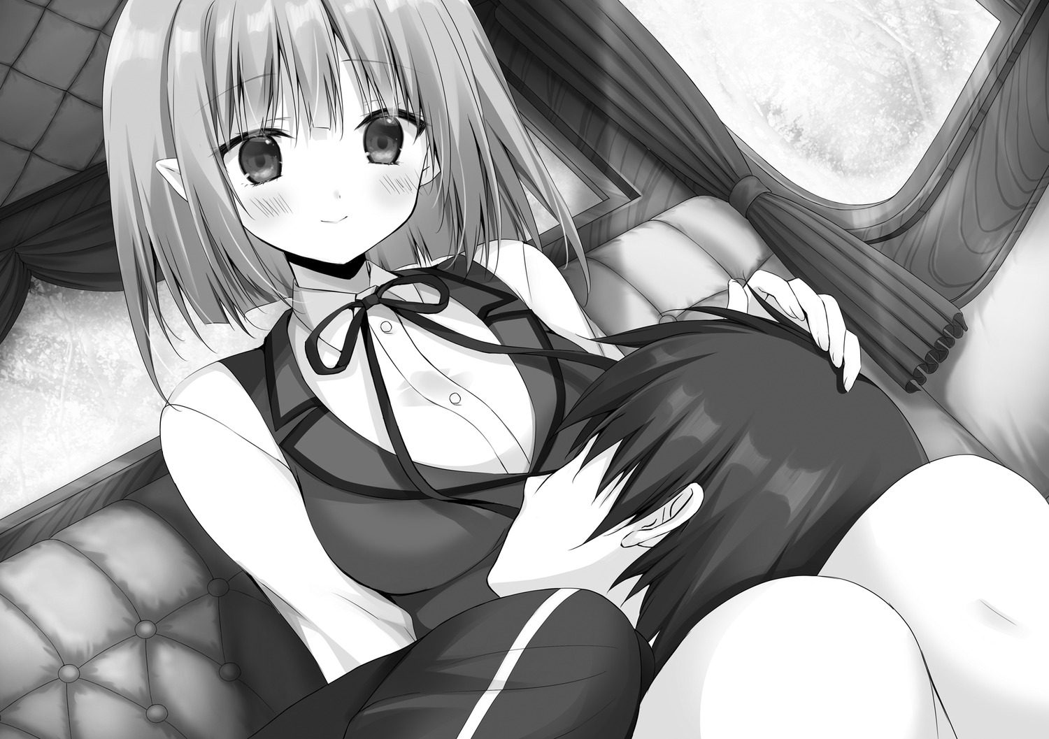 elf elisa_griffith hyouken_no_majutsushi_ga_sekai_wo_suberu korie_riko monochrome pointy_ears ray_white seifuku