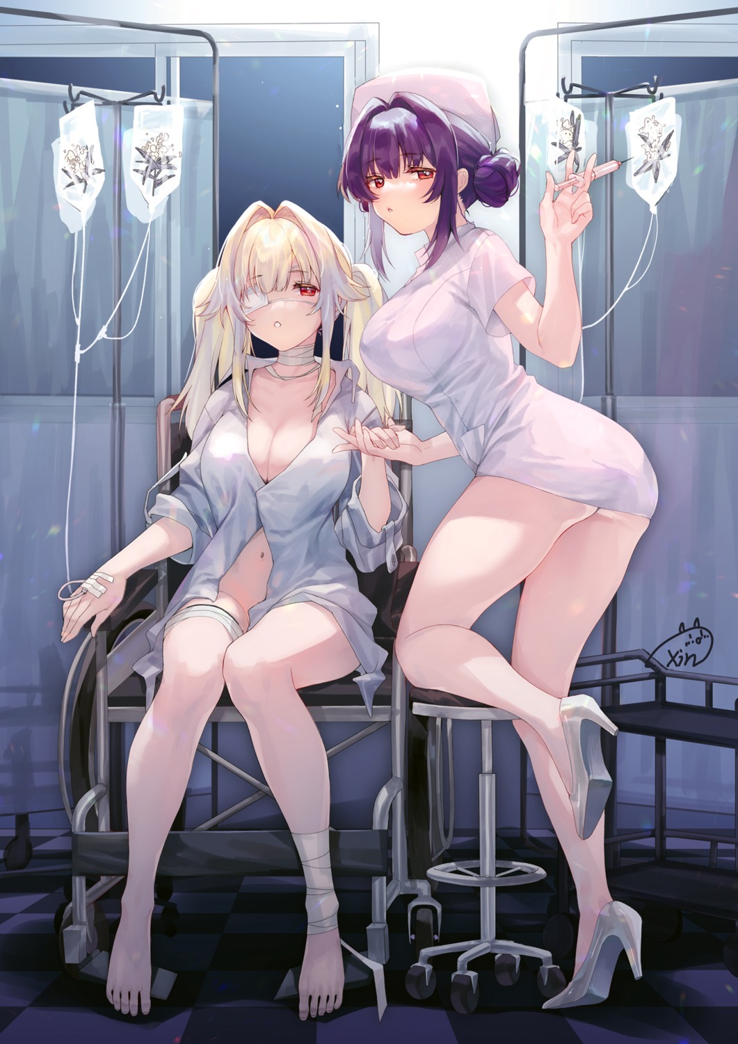 ass bandages bottomless dress_shirt eyepatch heels no_bra nopan nurse open_shirt skirt_lift xin