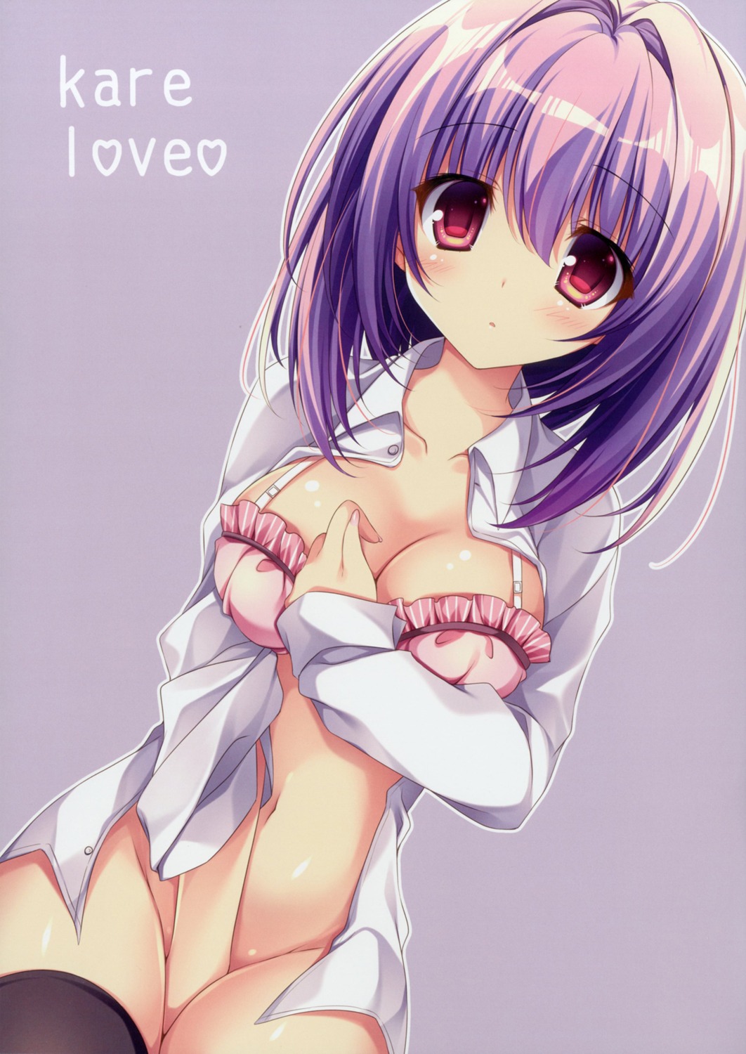 bottomless bra breast_hold cleavage dress_shirt matsurija nanaroba_hana open_shirt thighhighs