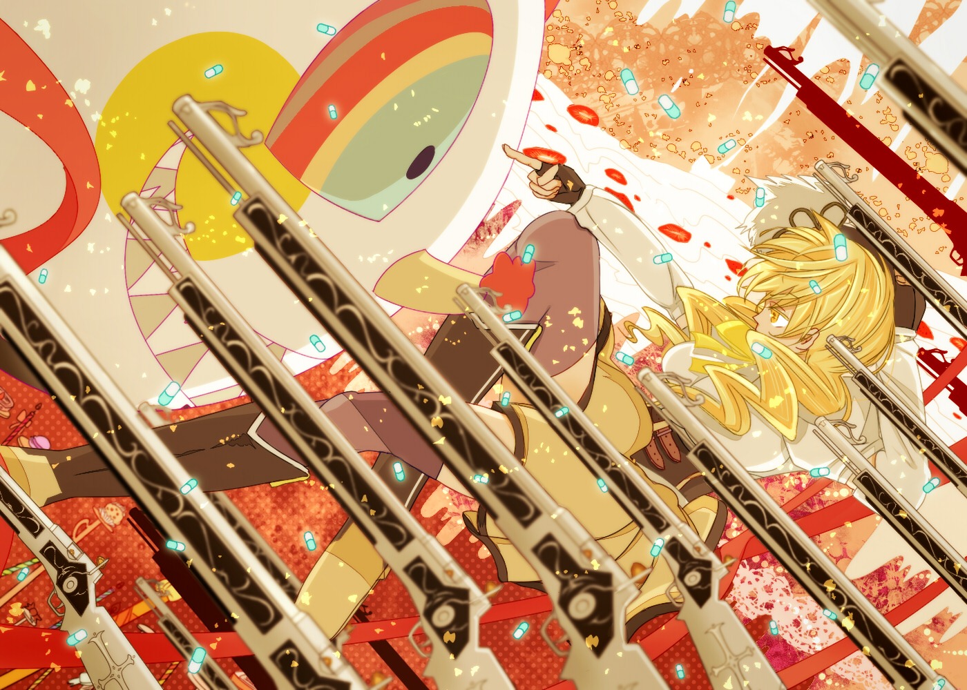 charlotte_(madomagi) gun mahou_shoujo_madoka_magica mokkorinko thighhighs tomoe_mami