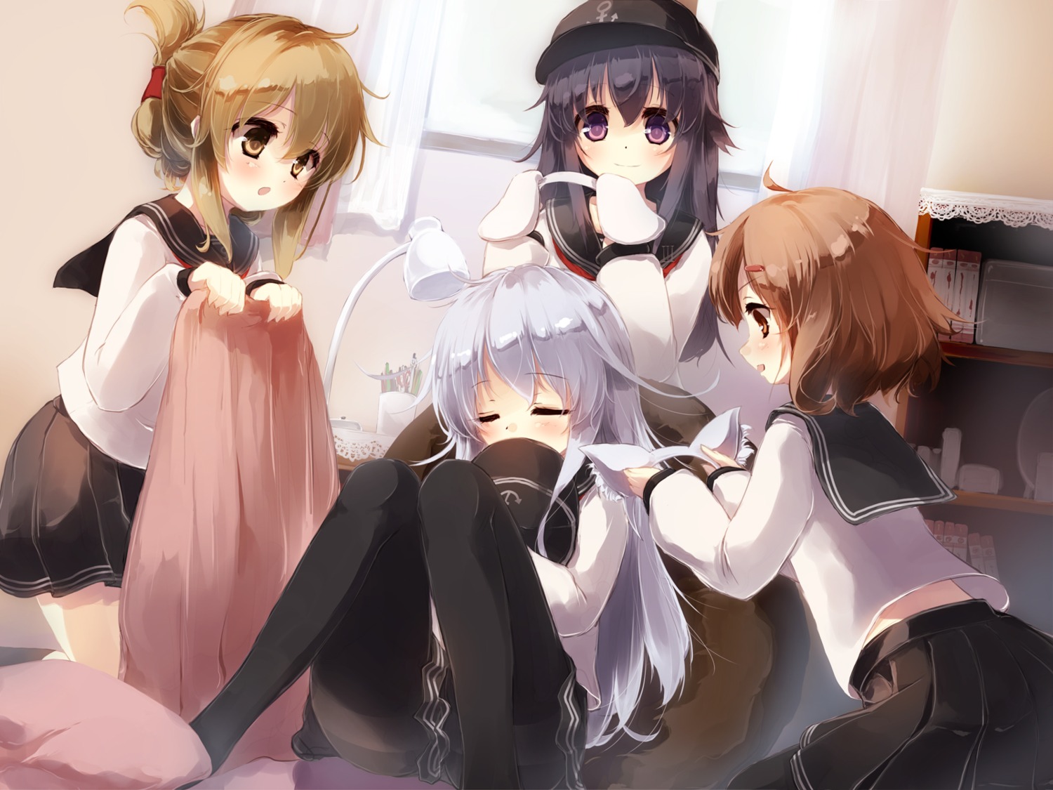 akatsuki_(kancolle) animal_ears gen-getsu hibiki_(kancolle) ikazuchi_(kancolle) inazuma_(kancolle) kantai_collection pantyhose uniform