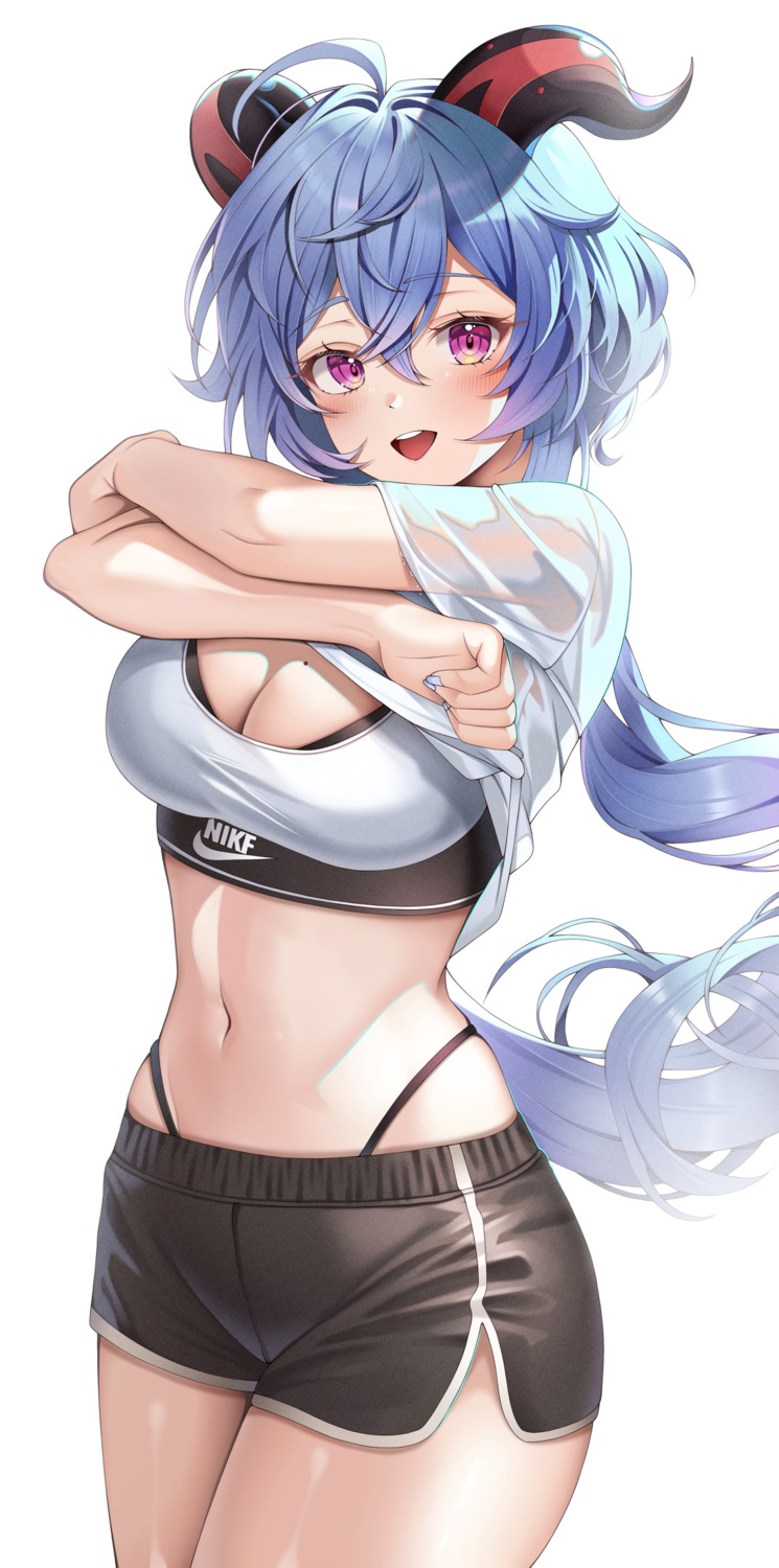 bra ganyu genshin_impact gym_uniform horns pantsu see_through shirt_lift ssong2 undressing