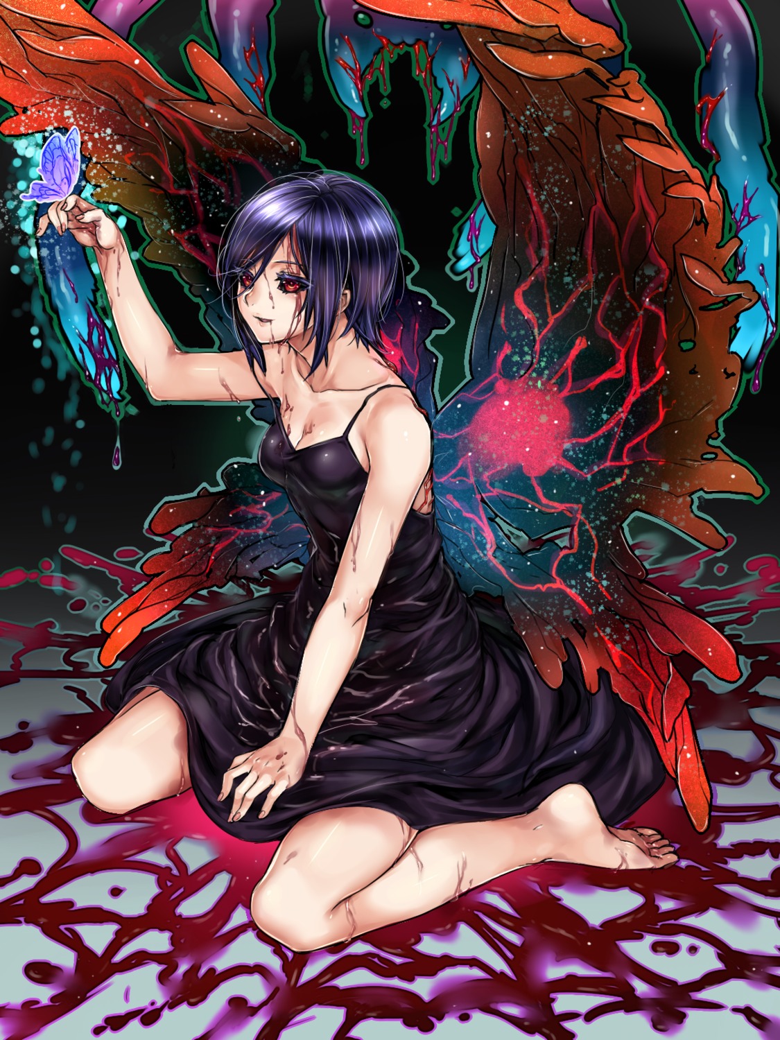 blood cleavage dress kirishima_touka tokyo_ghoul wings yuuma2aqua