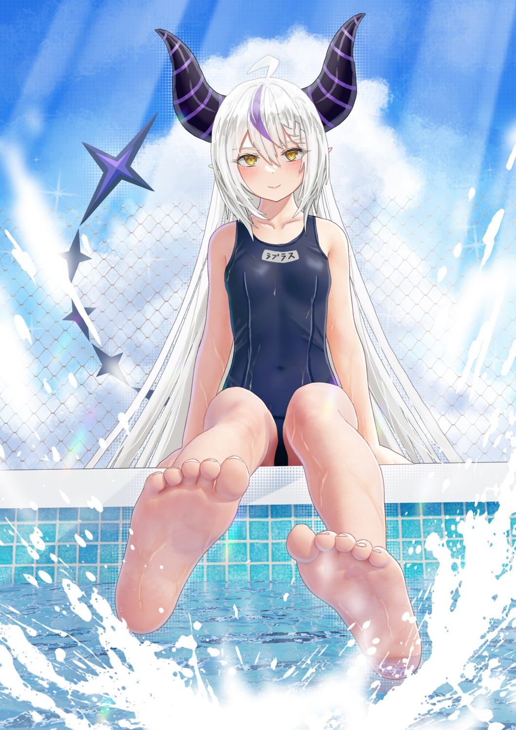 andy2465 feet hololive horns la+_darknesss pointy_ears school_swimsuit swimsuits tail wet