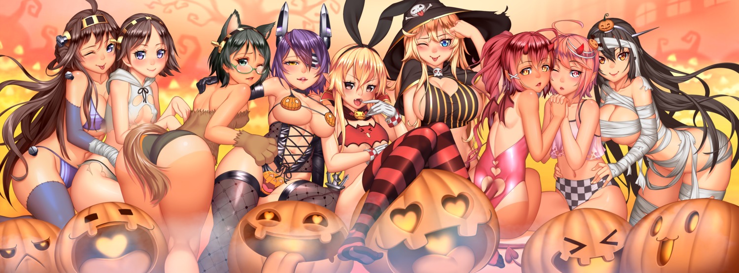 animal_ears ass bandages bikini cleavage corset eyepatch halloween hiei_(kancolle) horns i-168_(kancolle) i-58_(kancolle) iowa_(kancolle) kantai_collection kirishima_(kancolle) kongou_(kancolle) loli lucknight megane nagato_(kancolle) naked_ribbon pointy_ears shimakaze_(kancolle) swimsuits tail tan_lines tenryuu_(kancolle) thighhighs torn_clothes underboob wings witch