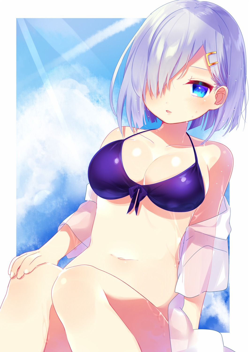 bikini cleavage hamakaze_(kancolle) kantai_collection mafuyu_(chibi21) open_shirt see_through swimsuits wet_clothes