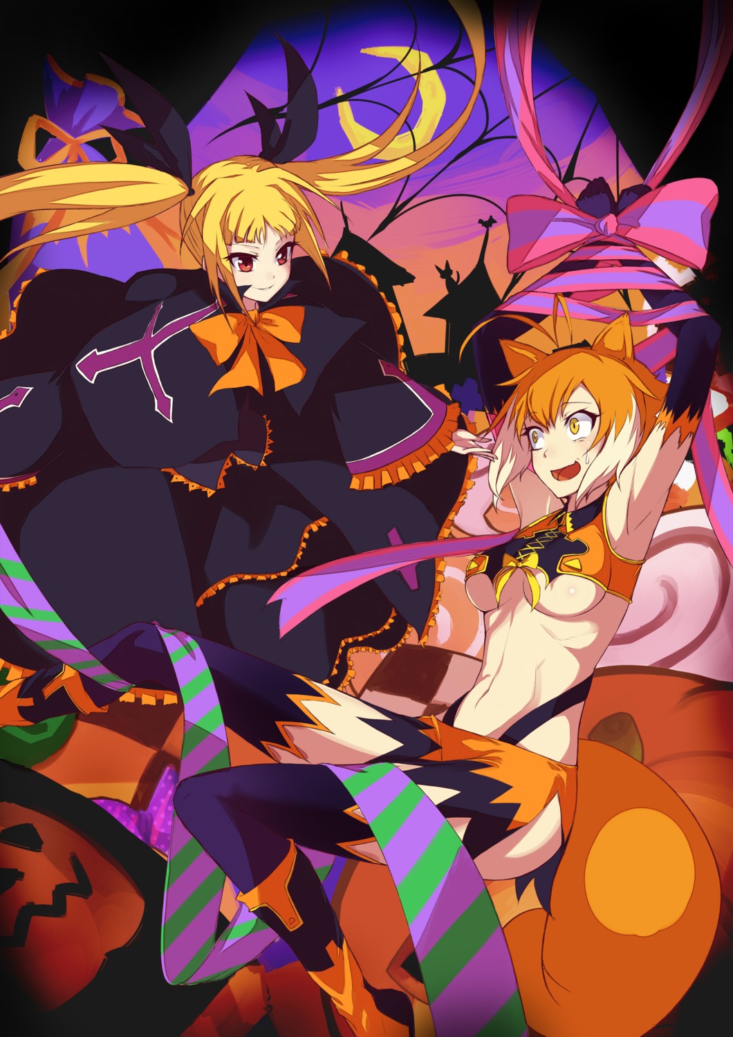 animal_ears blazblue halloween makoto_nanaya no_bra purinnssu rachel_alucard tail thighhighs underboob