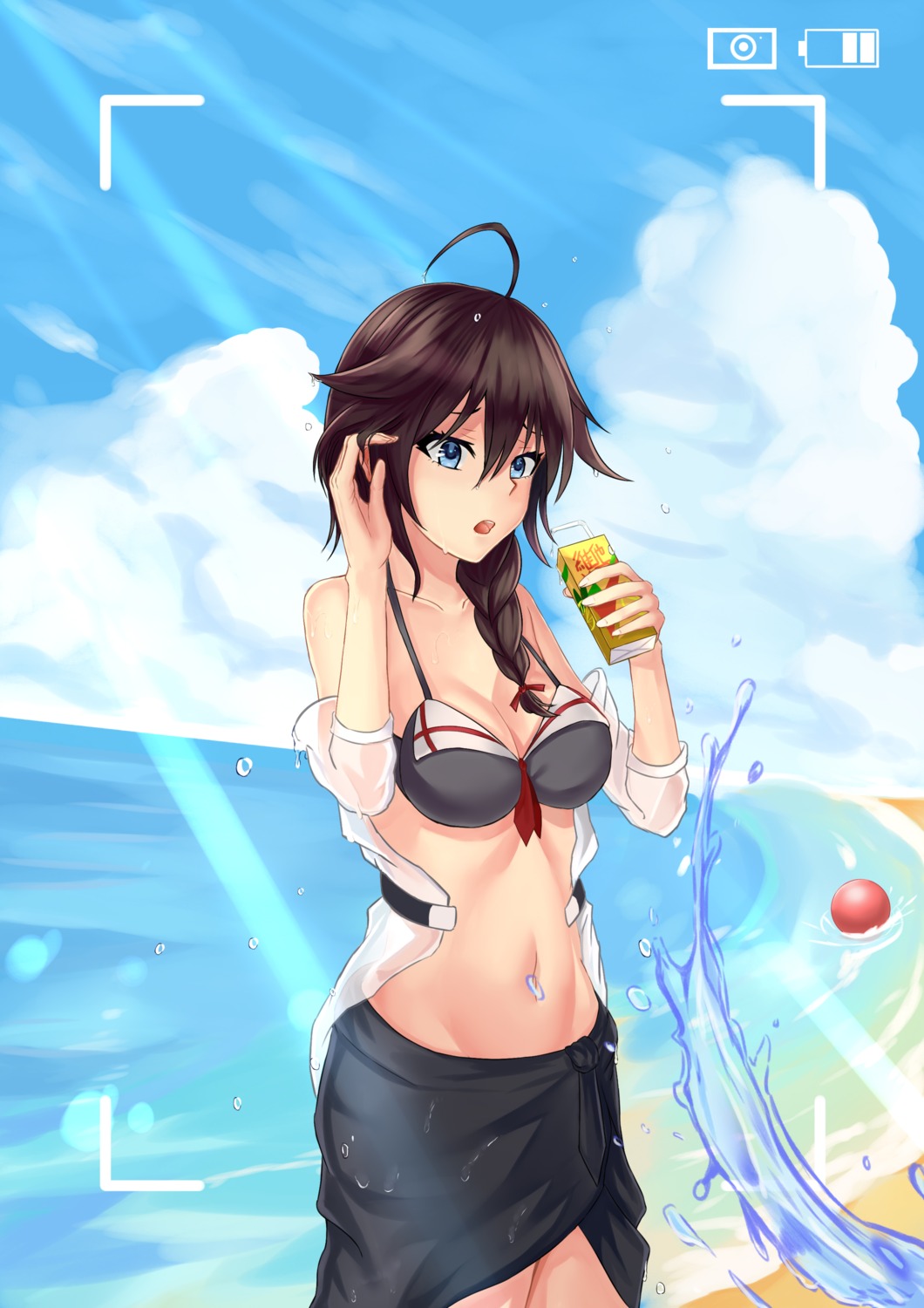 bikini_top cleavage kantai_collection open_shirt see_through shigure_(kancolle) swimsuits wet_clothes wowan_baihe_zenmeliao