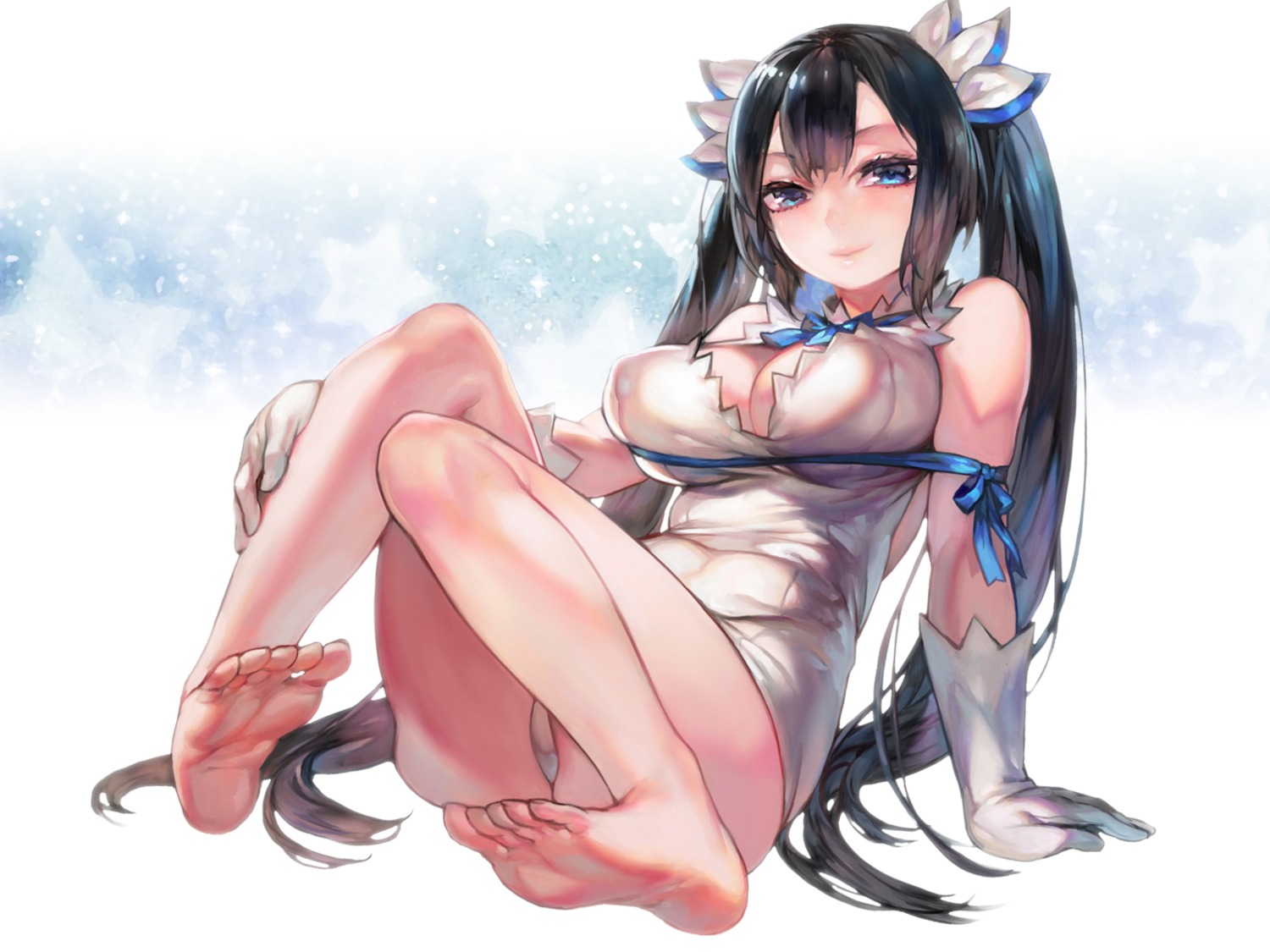 aoin cleavage dress dungeon_ni_deai_wo_motomeru_no_wa_machigatteiru_darou_ka feet hestia_(danmachi) no_bra pantsu