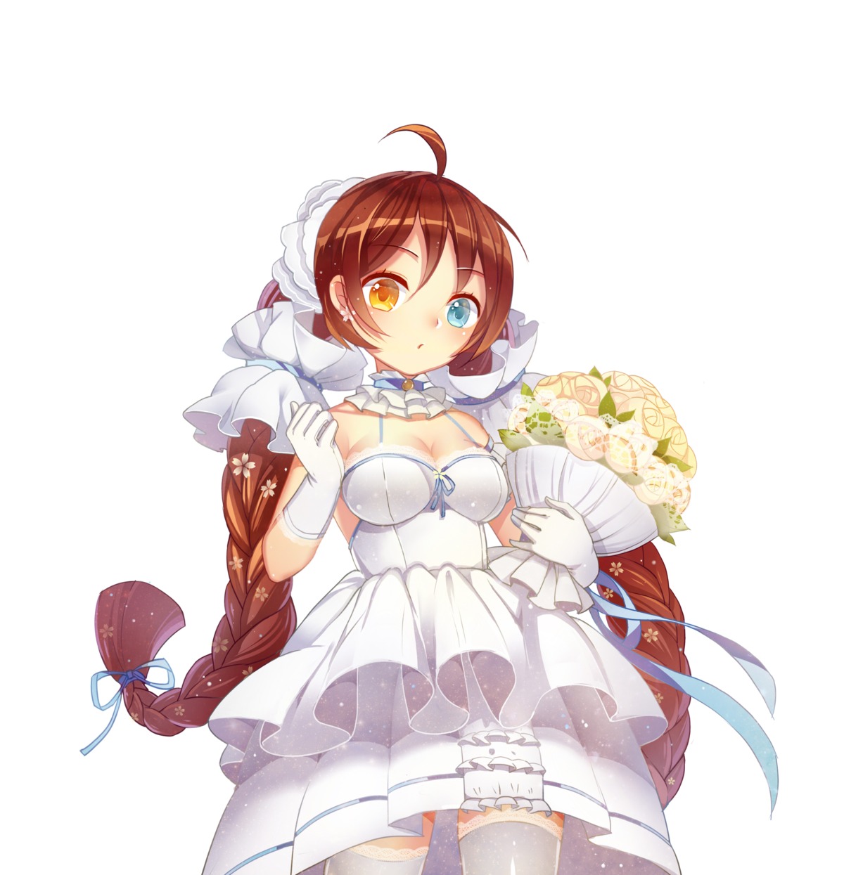 cleavage dress heterochromia shirajira_(artist) thighhighs wedding_dress